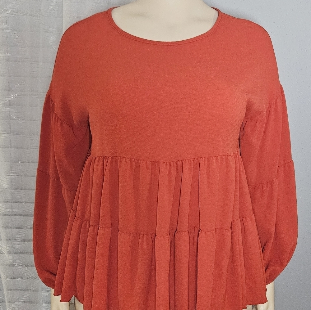 Hoptics Red Boxy Tiered Blouse with Long Sleeves